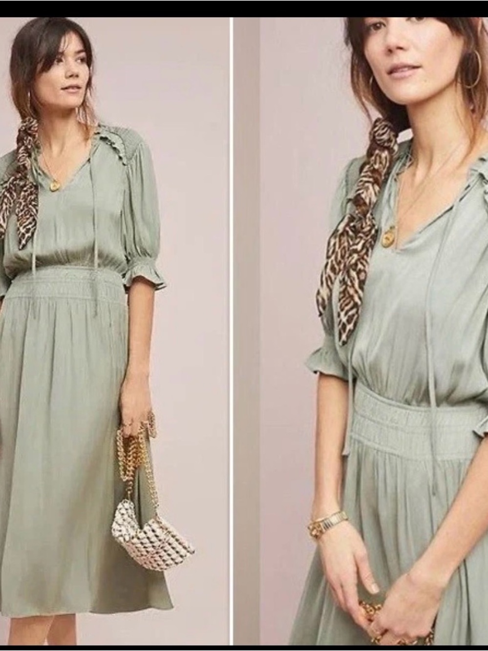 Sage Green Midi Dress with Smocked Waist